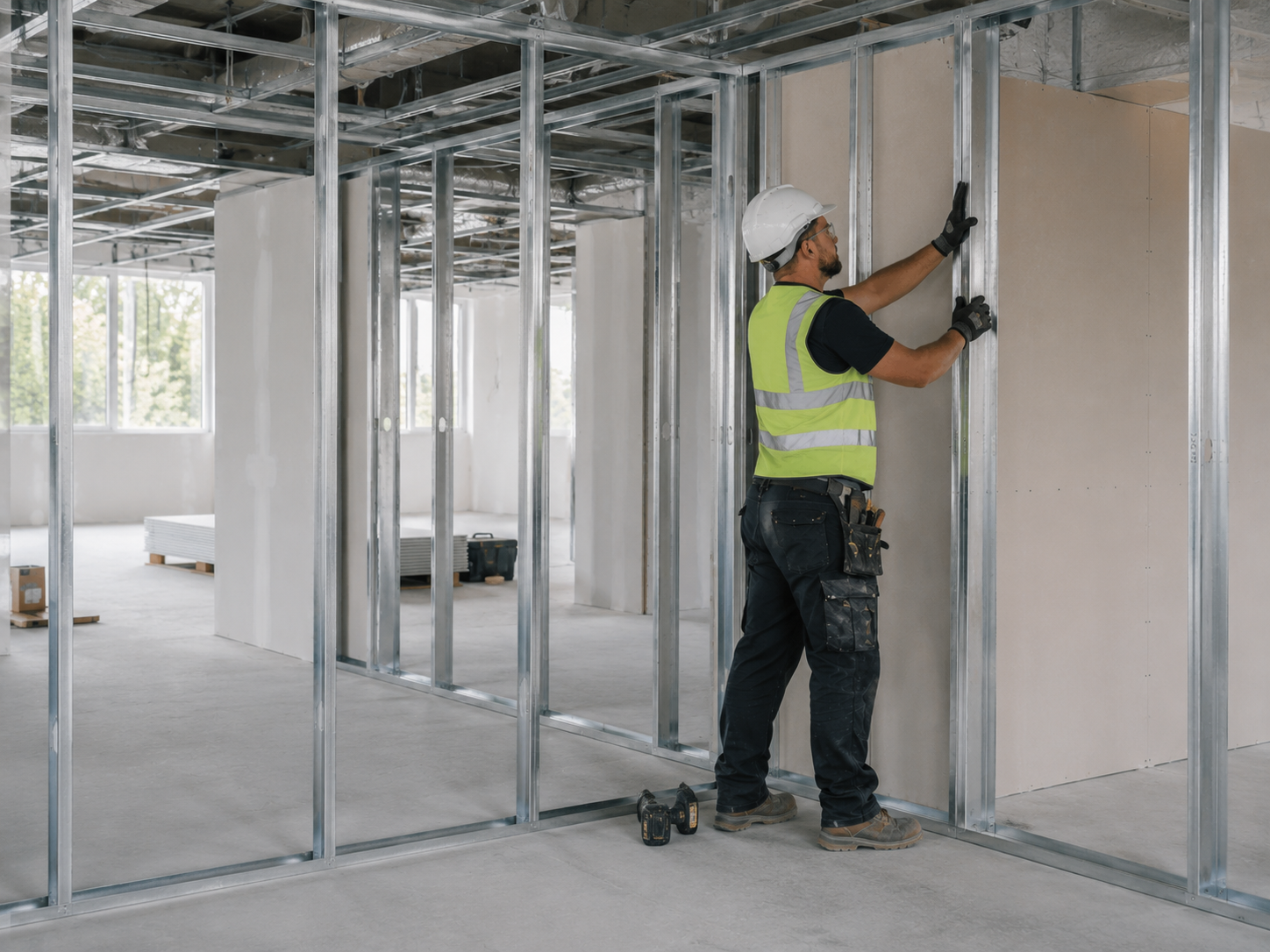 Installer fitting boarding to a metal stud partition framework