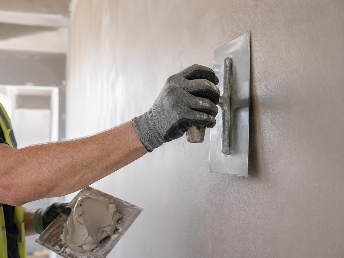Close-up of a plasterer trowel-finishing an internal wall surface